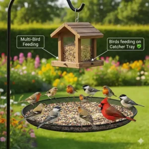 Multiple songbirds perched on a large seed catcher tray eating reclaimed birdseed.