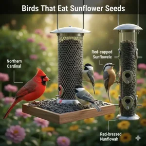 Illustration showing common backyard birds that use sunflower seed bird feeders, such as Cardinals, Chickadees, and Nuthatches.
