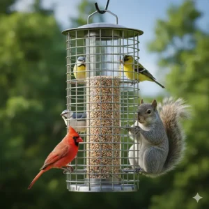 A bird's eye view of a protective wire cage bird feeder that allows small birds in but keeps out larger animals and squirrels.