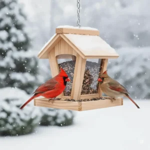 Traditional wooden hopper bird feeder for cardinals with a wide landing tray for easy perching.