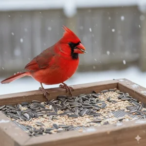 Close-up of a cardinal bird feeder filled with striped sunflower seeds and safflower seeds.
