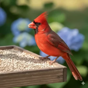 A bright red Northern Cardinal perched on a hopper feeder eating safflower seeds.
