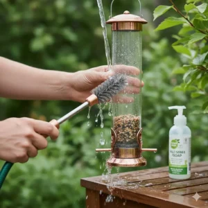 A step-by-step image guide on how to safely clean a bird hanging feeder using a bottle brush and mild soap solution.