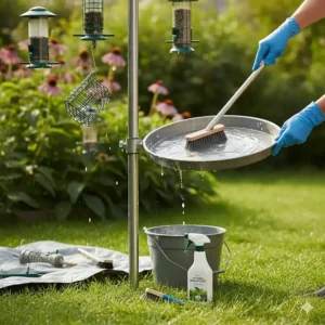 A close-up view of a person wearing gloves cleaning a pole-mounted bird feeder station with a brush and natural disinfectant.