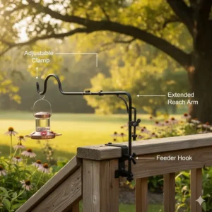 An adjustable, clamp-on deck railing bird feeder hook extending outward over a wooden balcony.