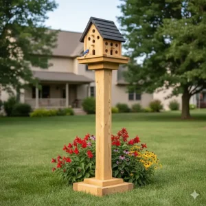 A large, sturdy, decorative wooden post and pole setup used to support a large wren or bluebird house.