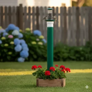 A creative, inexpensive DIY bird feeder post made from a large PVC pipe topped with a small seed feeder, painted green to blend with the garden.