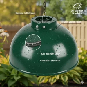 Illustration highlighting rust-resistant powder-coated steel used in a raccoon baffle for bird feeders.
