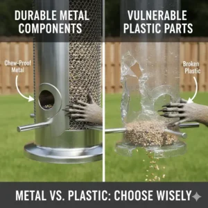 Comparison graphic of chew-proof metal components versus plastic parts in raccoon resistant bird feeder models.