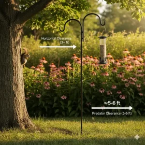 Demonstrating the ideal height and clearance needed when using a bird feeder hook to hang a feeder away from the ground and predators.