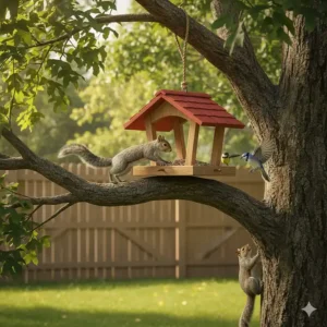 An example of what not to do: a bird feeder hung too close to a tree branch, allowing a squirrel to easily leap onto the feeding tray.