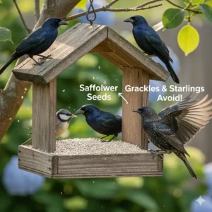 Illustration showing how safflower seed for birds discourages "bully birds" like Grackles and Starlings.