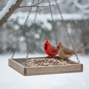 An open-air hanging platform bird feeder filled with black oil sunflower seeds to attract Northern Cardinals.