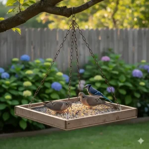 A photograph of a wooden hanging platform feeder holding mixed grains, attracting ground-feeding birds like doves and jays.