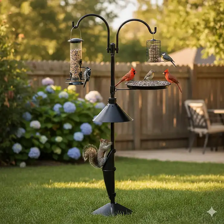 A heavy-duty bird feeder pole system installed in a yard, securely holding multiple bird feeders and resisting squirrel attempts. This squirrel-proof design is built for stability and longevity.