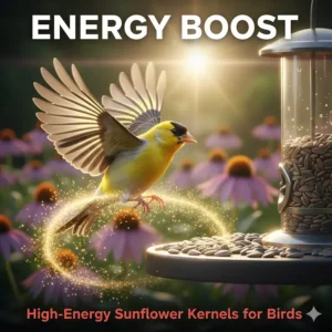Illustration of a bird in flight with a caption about energy provided by sunflower kernels.