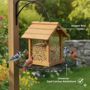 A hopper-style bird feeder with a universal seed catcher attachment for bird enthusiasts.