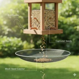 Diagram showing how a bird feeder seed catcher tray captures falling hulls and uneaten grains.