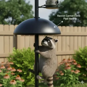 A visual guide showing a raccoon unable to climb past a wide-diameter baffle on a bird feeder pole.