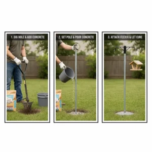 Step-by-step diagram showing how to securely install a metal pole or wooden post for bird feeders using a concrete foundation or ground anchor.
