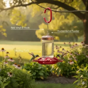 A lightweight, vinyl-coated S-hook specifically used as a bird feeder hook for a small red hummingbird feeder.