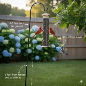 A schematic showing the proper height and distance for installing a bird feeder on a shepherd's hook pole in a backyard.