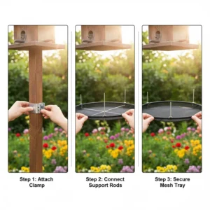 Step-by-step illustration of attaching a mesh seed catcher to a standard bird feeder pole.