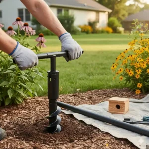 A person using a wrench to firmly install a heavy-duty steel ground socket, which holds the main bird house pole.