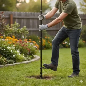 A photograph showing a person easily installing the heavy duty bird feeder pole using a simple twist or foot pedal mechanism.