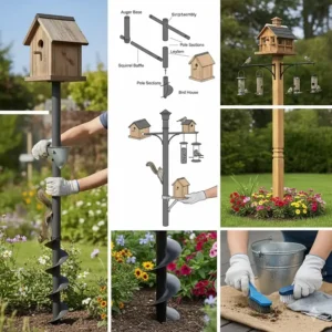 A homeowner using a scrub brush to clean the surface of a metal bird house pole to remove dirt and old nesting material.
