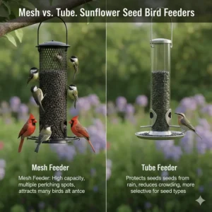 Comparison illustration of a metal mesh bird feeder versus a plastic tube sunflower seed bird feeder.