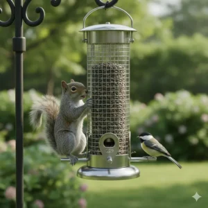 Close-up of a durable, chew-proof metal squirrel proof bird feeder that resists damage from persistent gnawing.