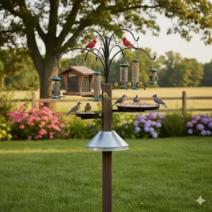 An attractive post-mounted feeding station featuring multiple hanging arms to hold various bird feeders, including thistle and platform styles.