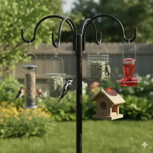Detail shot of the adjustable, powder-coated metal hooks on a bird feeder pole holding a variety of seed and suet feeders.