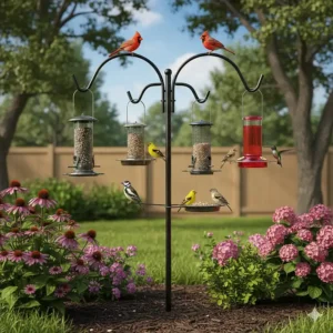 A multi-hook bird feeder pole stand holding various feeders for cardinals and finches.