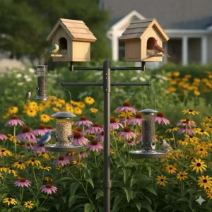 A tall, decorative bird house pole featuring multiple arms to support several small bird houses and bird feeders.