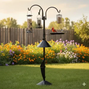 The heavy duty bird feeder pole loaded with several different types of bird feeders and a bird bath, showcasing its high weight capacity.