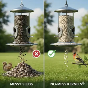 Illustration comparing clean sunflower kernels to messy seeds with shells under a bird feeder.