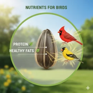 Infographic showing the protein and healthy fats in sunflower kernels for birds.