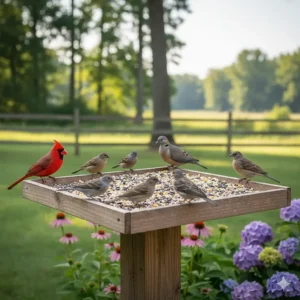 An open platform or tray bird feeder on a post, showing a mix of seed and ground birds like doves and cardinals feeding together.
