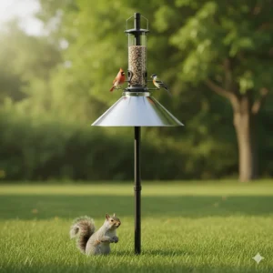 Diagram of a pole-mounted bird feeder setup with a large, cone-shaped baffle installed below the feeder to prevent squirrels from climbing up.