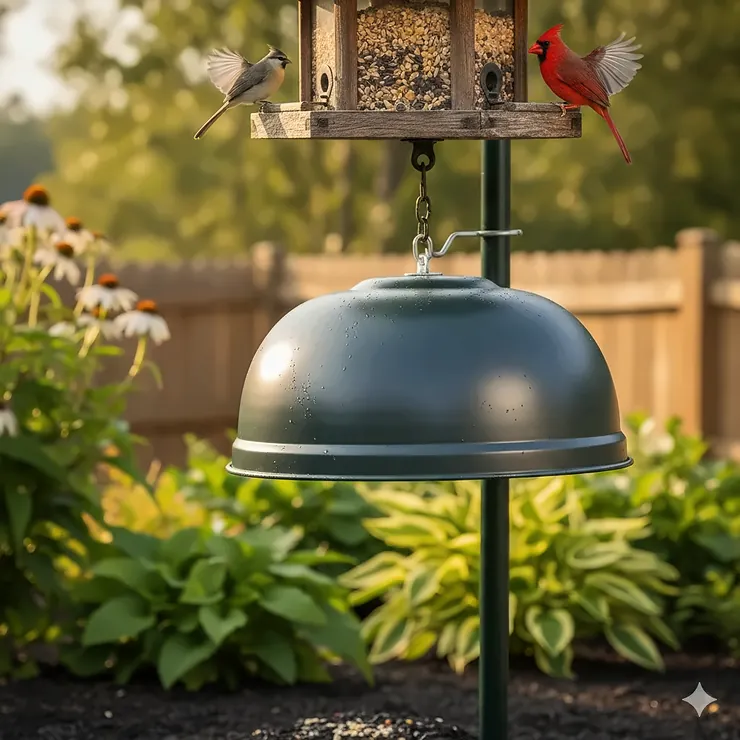 A high-quality photo of a metal raccoon baffle installed on a bird feeder pole in a garden. raccoon baffle for bird feeder