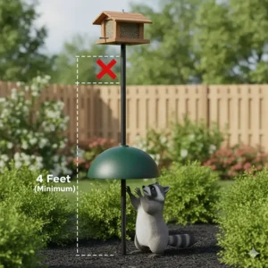 Illustration showing the recommended 4-foot mounting height for a raccoon baffle to prevent jumping.