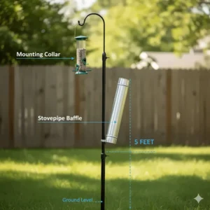 A diagram illustrating how to install a stovepipe baffle on a pole to create a raccoon resistant bird feeder station.