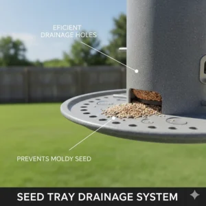 Illustration of a seed tray with drainage holes on a raccoon resistant feeder to prevent moisture buildup and mold.