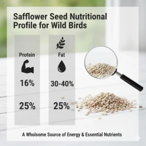 An infographic showing the protein, fat, and fiber content of safflower seed for wild birds.