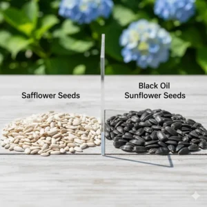 A side-by-side comparison of white safflower seeds and black oil sunflower seeds for bird feeding.