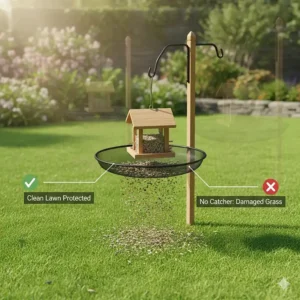 Illustration of a clean lawn under a bird feeder equipped with a seed catcher to prevent grass damage.