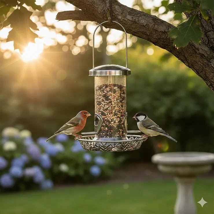 A compact, durable small bird feeder hanging from a branch, perfect for attracting common backyard birds like finches and chickadees.