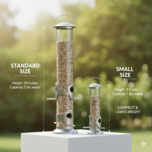 Diagram comparing the dimensions of a standard vs. small bird feeder, showing the compact size and lightweight structure.